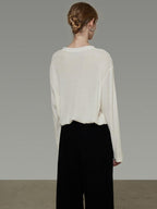 unspoken Lightweight Printed Minimalist Loose Round Neck Women Cream Pullover Sweaters