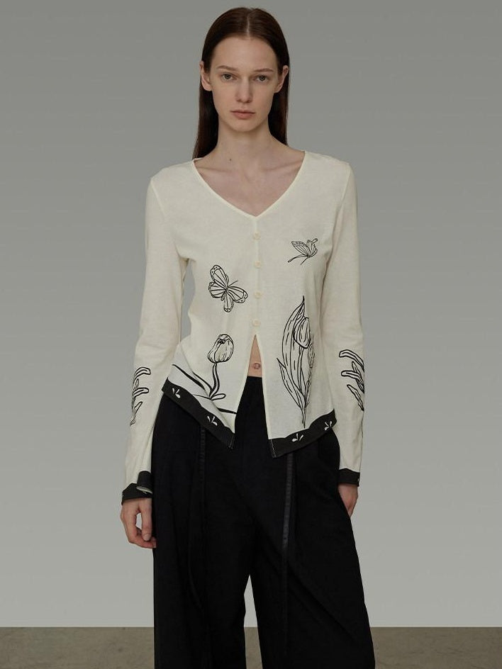 unspoken Soft Cotton Blend Relaxed Fit Floral Print V-neck Long Sleeve Women Blouses