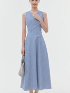 fano Pure Cotton Sleeveless V-neck A Line Office Casual Women Blue Midi Dresses