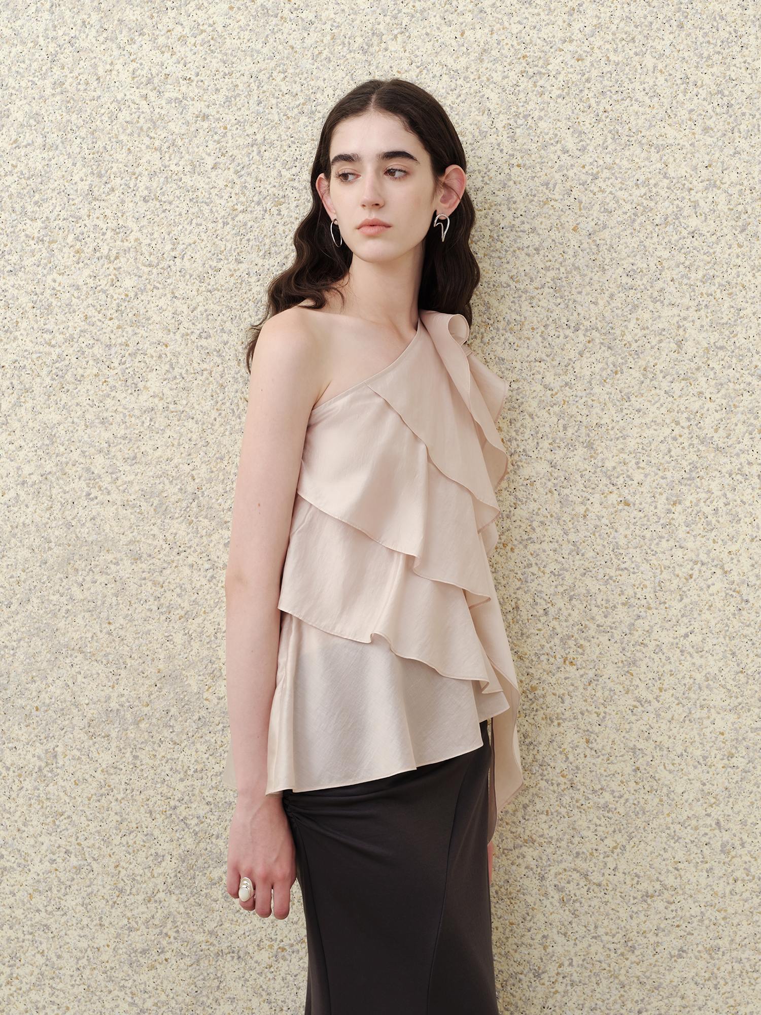 someonesometimes Ruffle One Shoulder Loose Tencel Modal Soft Mist Pink Women Top