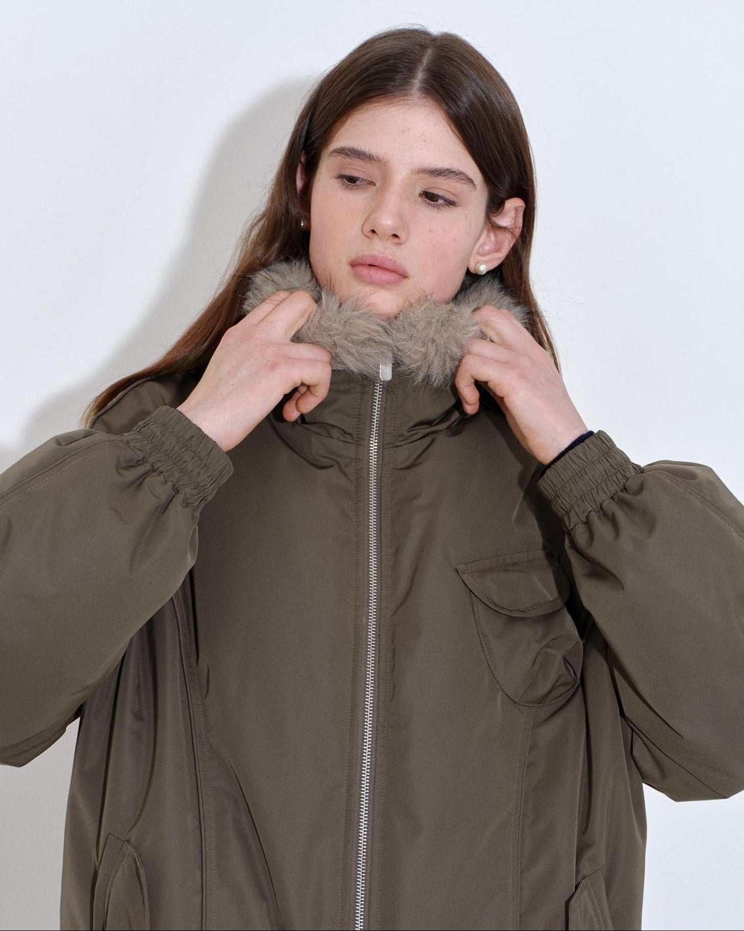 fano High Fill White Duck Down Warm Straight Fur Collar Women Army Green Down Jackets
