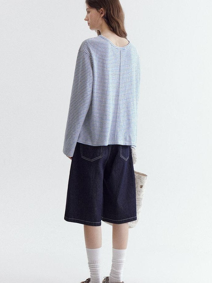 fano Space Cotton Blue White Fine Stripe Office Women Long Sleeve T-Shirts