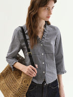 fano Warm Cotton V-neck Tie Slim Minimal 3 4 Sleeve Blue White Check Work Blouses