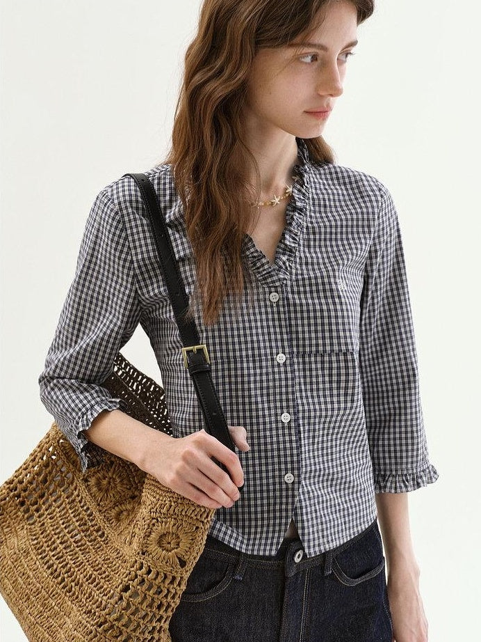 fano Warm Cotton V-neck Tie Slim Minimal 3 4 Sleeve Blue White Check Work Blouses