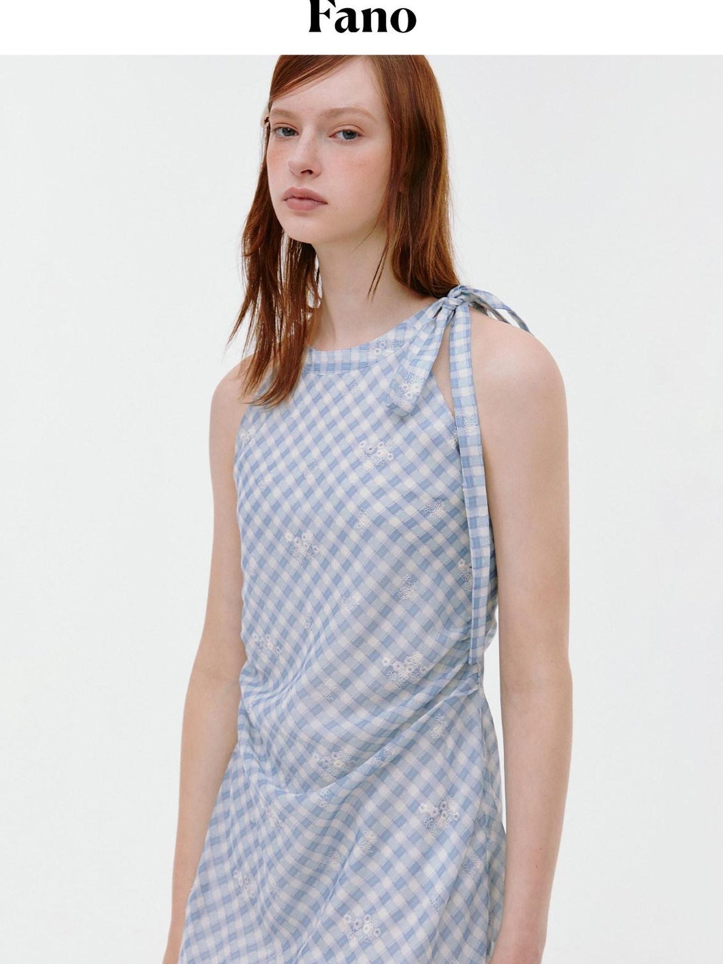 fano Soft Cotton Blend Halter Plaid Korean Office Hline Square Neck Midi Dresses