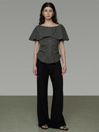 unspoken Breathable Minimal Loose Ruffle Boatneck Women Plaid Button Short Sleeve Blouses