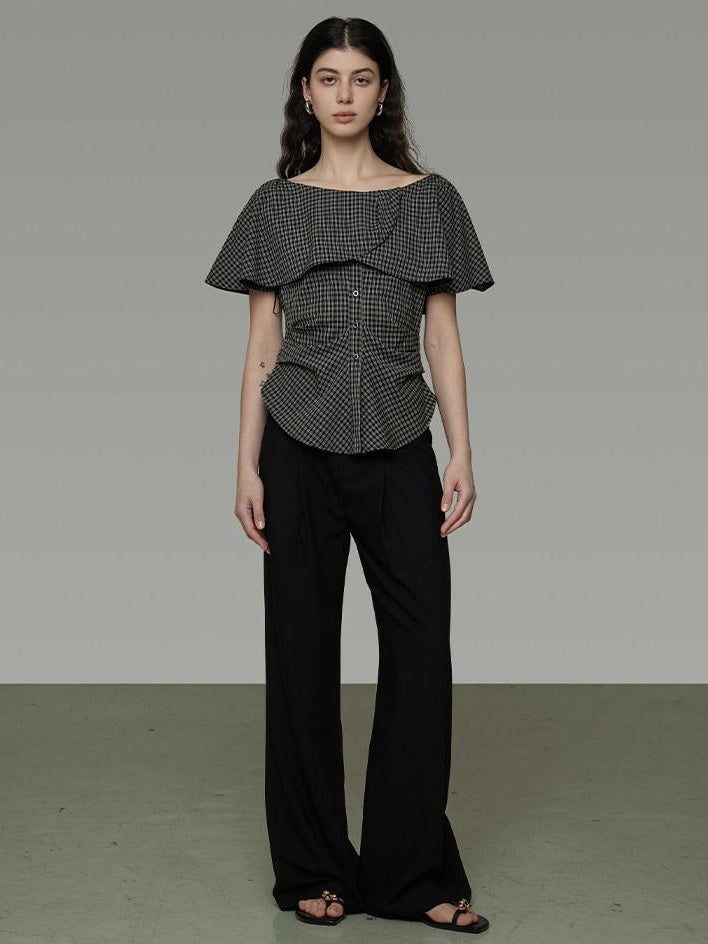 unspoken Breathable Minimal Loose Ruffle Boatneck Women Plaid Button Short Sleeve Blouses