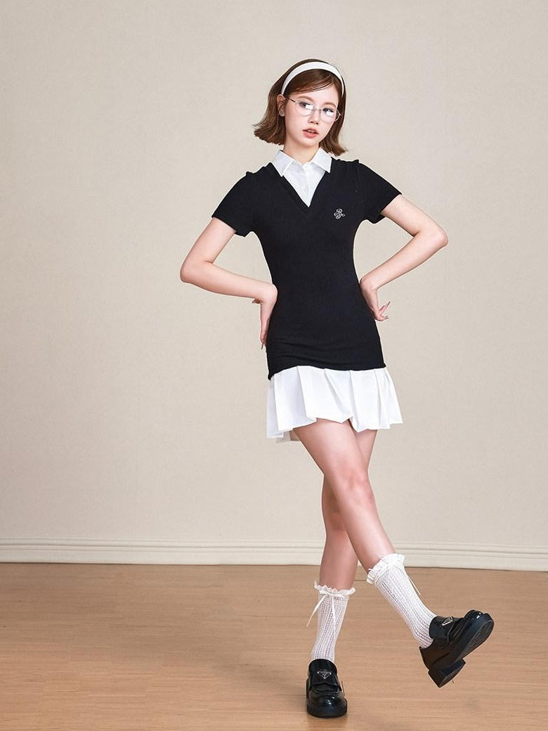 ikyou 100 Percent Cotton Waist Cinch Patchwork Collared Short Sleeve Midi Dresses