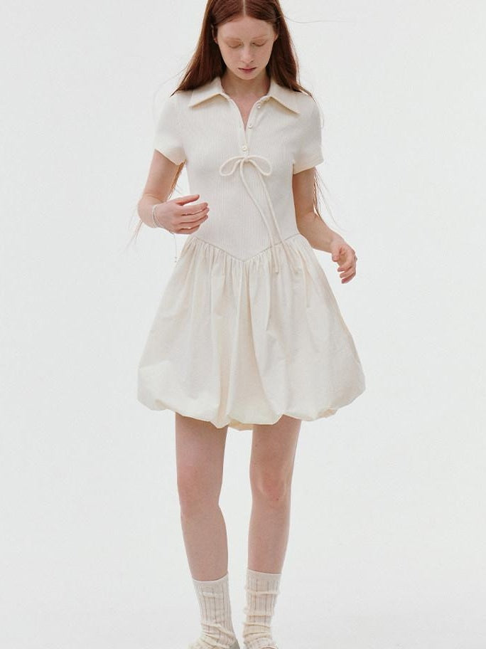 fano Stretch Short Sleeve Polo Cocoon Bubble Skirt Natural Waist Beige Midi Dresses