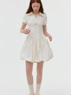 fano Stretch Short Sleeve Polo Cocoon Bubble Skirt Natural Waist Beige Midi Dresses