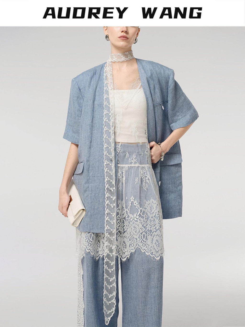 audreyyang Pure Linen Lightweight Relaxed Fit Lace Detail Commuter Women Wide Leg Pants