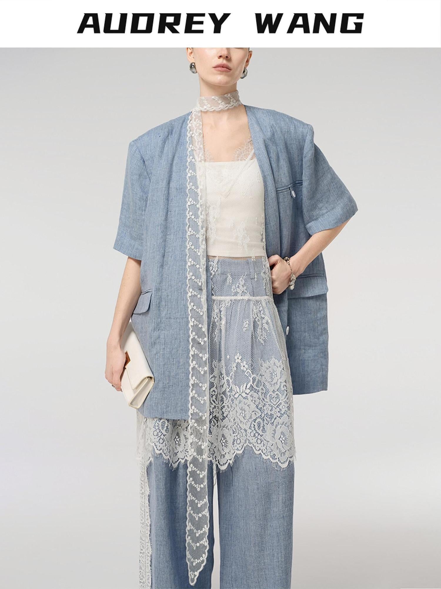 audreyyang Pure Linen Lightweight Relaxed Fit Lace Detail Commuter Women Wide Leg Pants