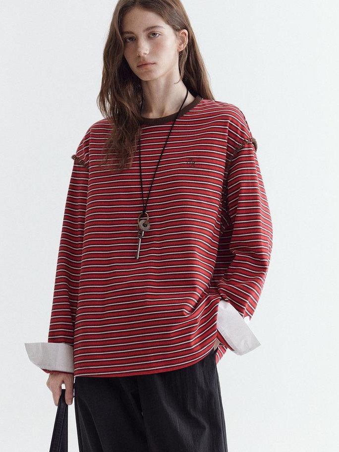 fano Comfort Cotton Stretch Striped Korean Loose Fit Women Long Sleeve T-Shirts