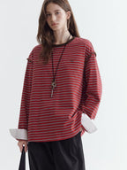 fano Comfort Cotton Stretch Striped Korean Loose Fit Women Long Sleeve T-Shirts