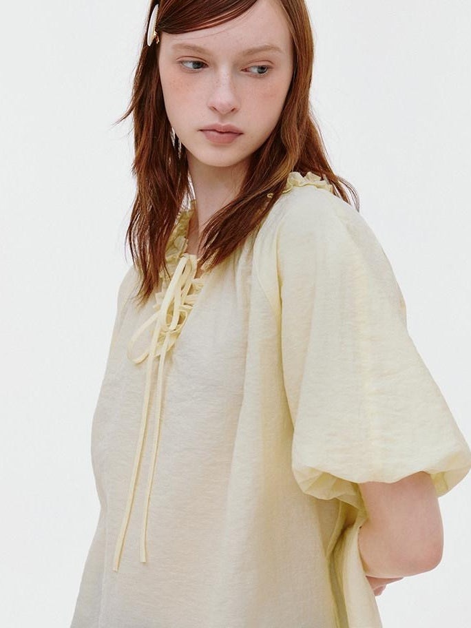 fano Yellow Tie Front Viscose Linen Blend Relaxed Korean Short Sleeve Women Blouses
