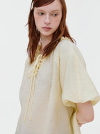 fano Yellow Tie Front Viscose Linen Blend Relaxed Korean Short Sleeve Women Blouses