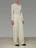 unspoken Breathable High Waist Button Detail Minimal Womens Office White Wide Leg Pants