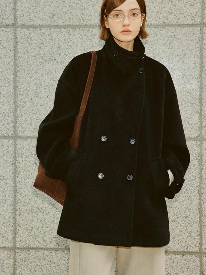 fano Double Breasted Stand Collar Commuter Loose Fit Women Black Pocket Wool Coats