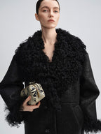 audreyyang Warm Wool Patch Retro Loose Lapel Midlength Women Lambswool Collar Long Coats