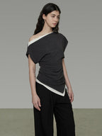 unspoken Slim Fit Colorblock Short Sleeve Pullover Slanted Collar Office Rayon Blouses