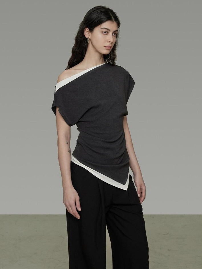 unspoken Slim Fit Colorblock Short Sleeve Pullover Slanted Collar Office Rayon Blouses