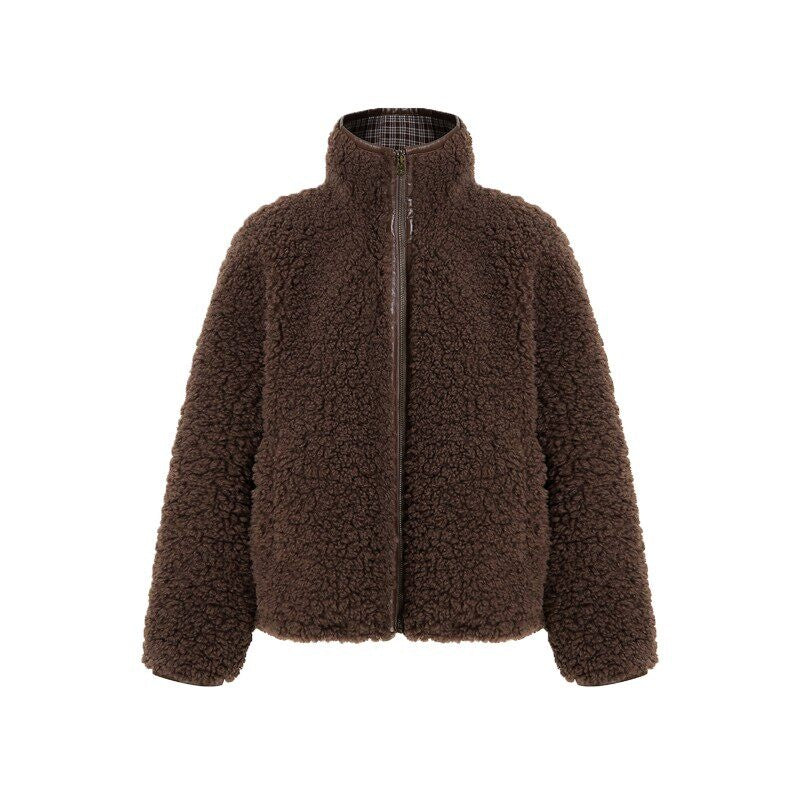 fano_Warm_Lambswool_Plaid_Stand_Collar_Zip_Loose_Fit_Casual_Women_Brown_Short_Coat_MISSTT