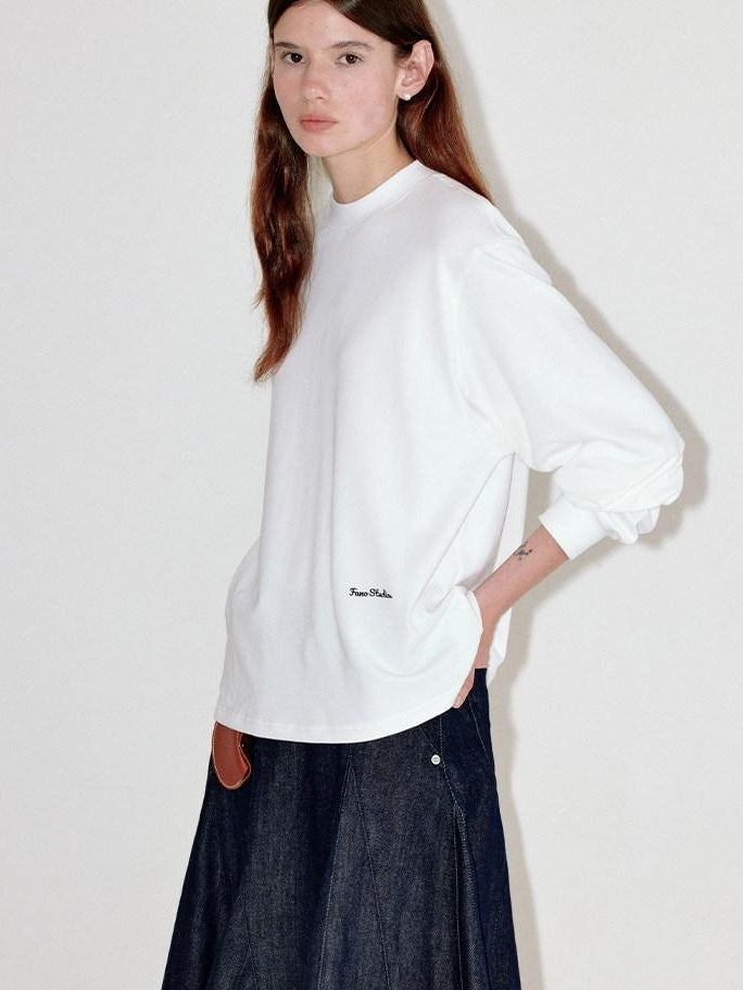 fano Embroidered Cotton Blend Relaxed Loose Womens Casual Long Sleeve T-Shirts