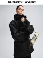 audreyyang Warm Wool Shearling Collar Patchwork Loose Midlength Women Black Long Coats