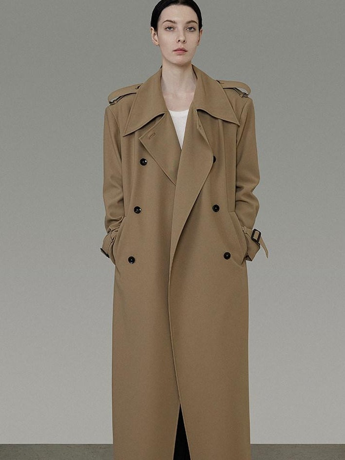 unspoken Double Breasted Straight Minimalist Office Tea Brown Longline Women Trench Coats