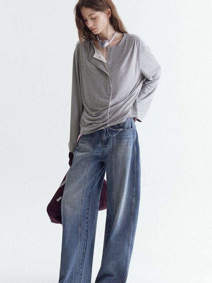 fano Breathable Cotton Natural Waist Relaxed Pocketed Casual Blue Straight Leg Jeans