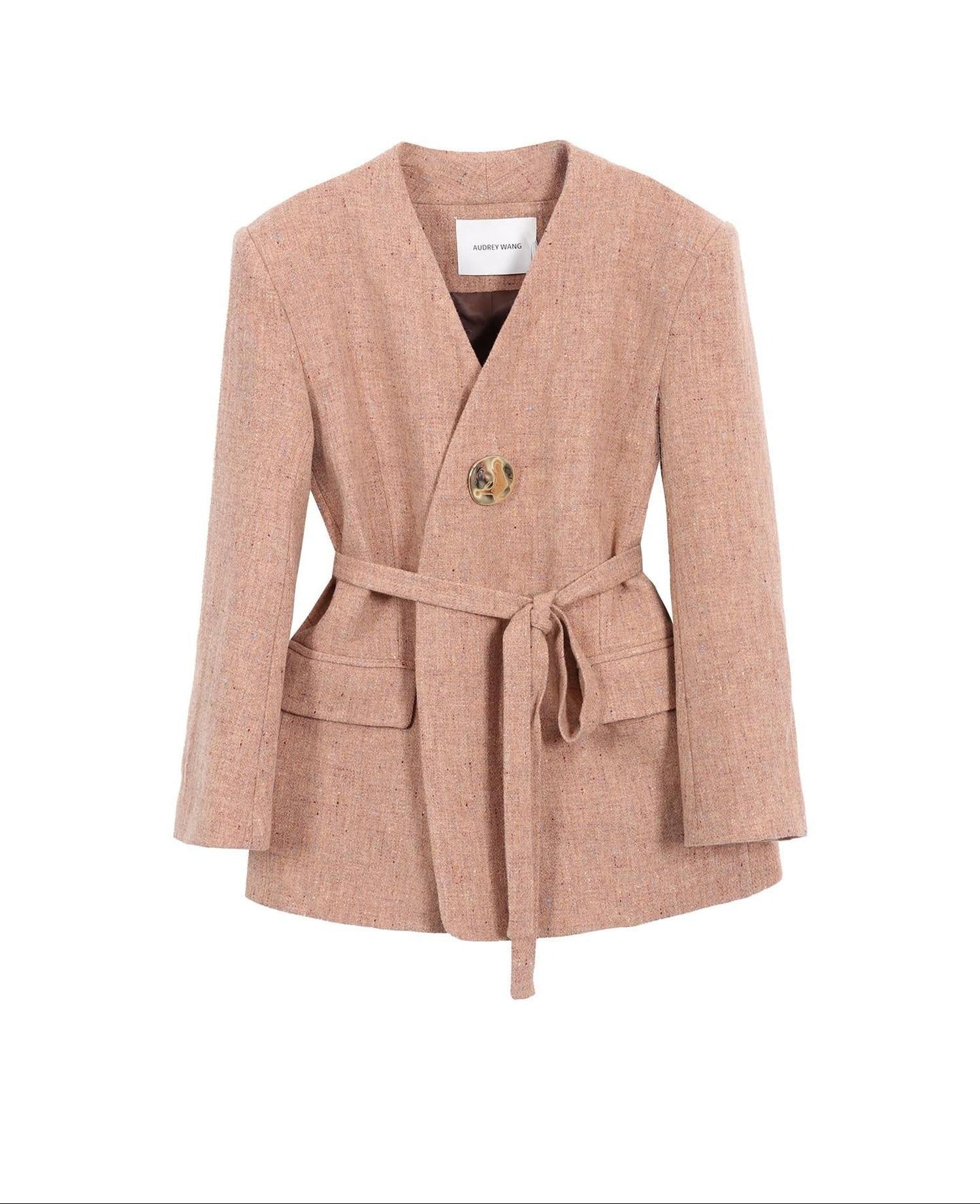 audreyyang Soft Lambswool Relaxed Fit Belted V-neck For Women Light Coffee Blazers