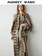 audreyyang Casual Loose V-neck Long Sleeve Printed Button Eco Viscose Ramie Women Blouses