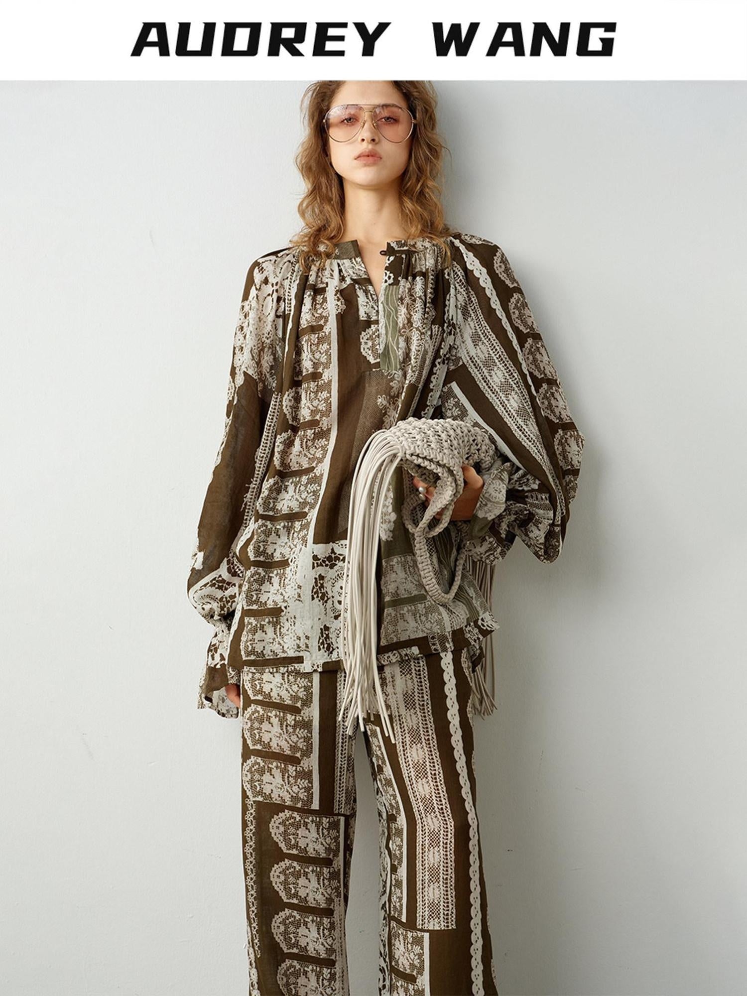 audreyyang Casual Loose V-neck Long Sleeve Printed Button Eco Viscose Ramie Women Blouses