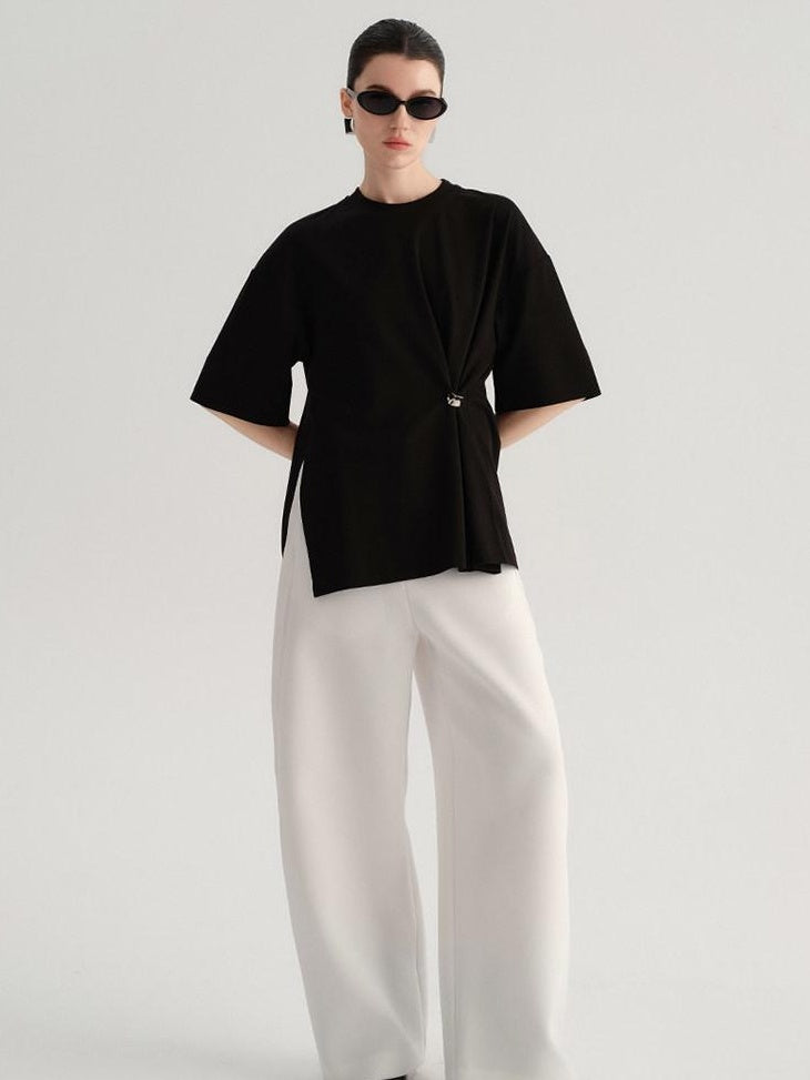 audreyyang Smart Office Natural Waist Zip Fly Polyester Blend Black White Straight Pants