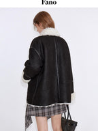 fano Contrast Color Trim Casual Loose Fit Lapel Collar Women Daily Black Short Coat
