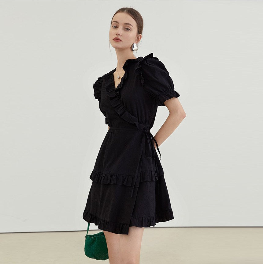 fano_High_Waist_Tie_A_Line_Cotton_V-neck_Puff_Sleeves_Casual_Work_Women_Midi_Dresses_MISSTT