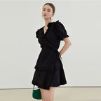fano_High_Waist_Tie_A_Line_Cotton_V-neck_Puff_Sleeves_Casual_Work_Women_Midi_Dresses_MISSTT