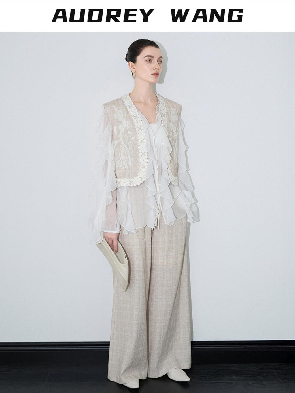 audreyyang Linen Blend V-neck Vest Trousers Solid Minimal Original Design Top & Pants Sets