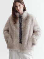 fano Warm Faux Fur Lined Oversized Stand Collar Casual Women Grey Apricot Short Coat