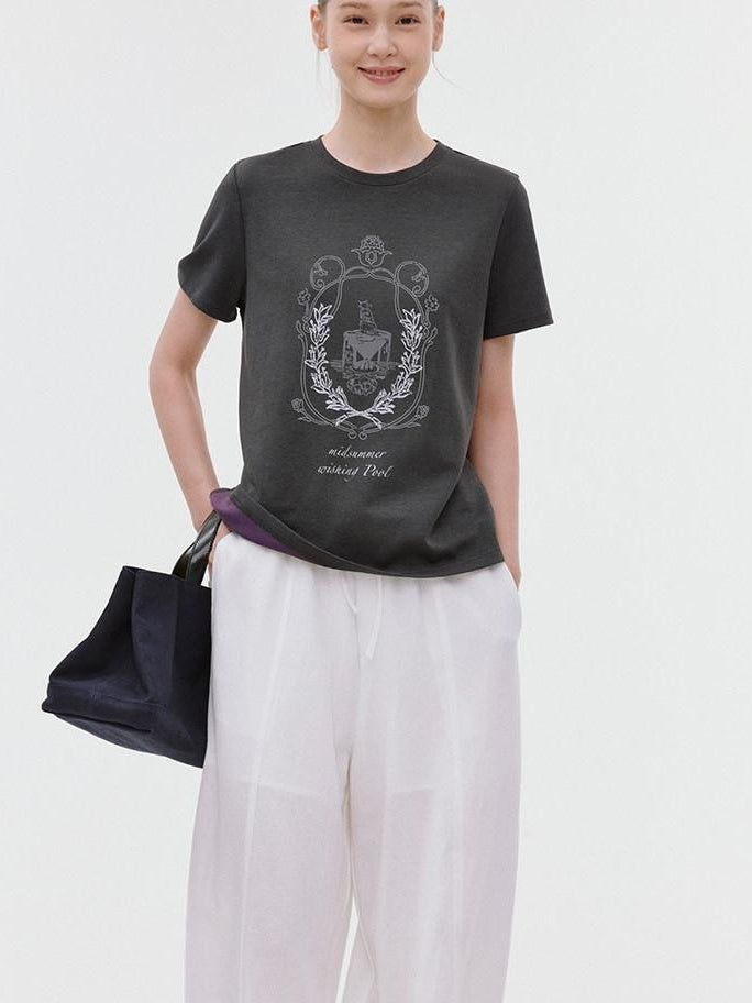 fano Soft Polycotton Korean Loose Fit Crew Neck Dark Gray Print Short Sleeve T-Shirts