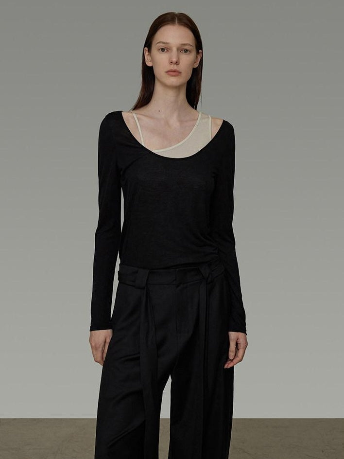unspoken Asymmetric Lyocell Knit Slim Casual Colorblock Longsleeve Women Top & Pants Sets