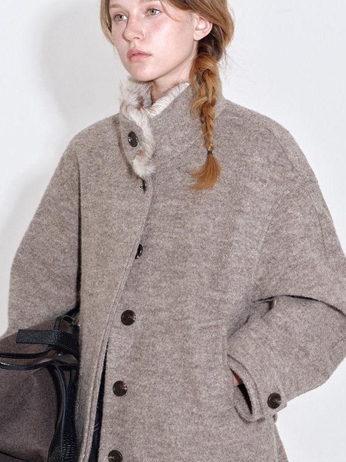fano 70 Wool 30 Polyester Light Brown Women Korean Commuter Stand Collar Wool Coats