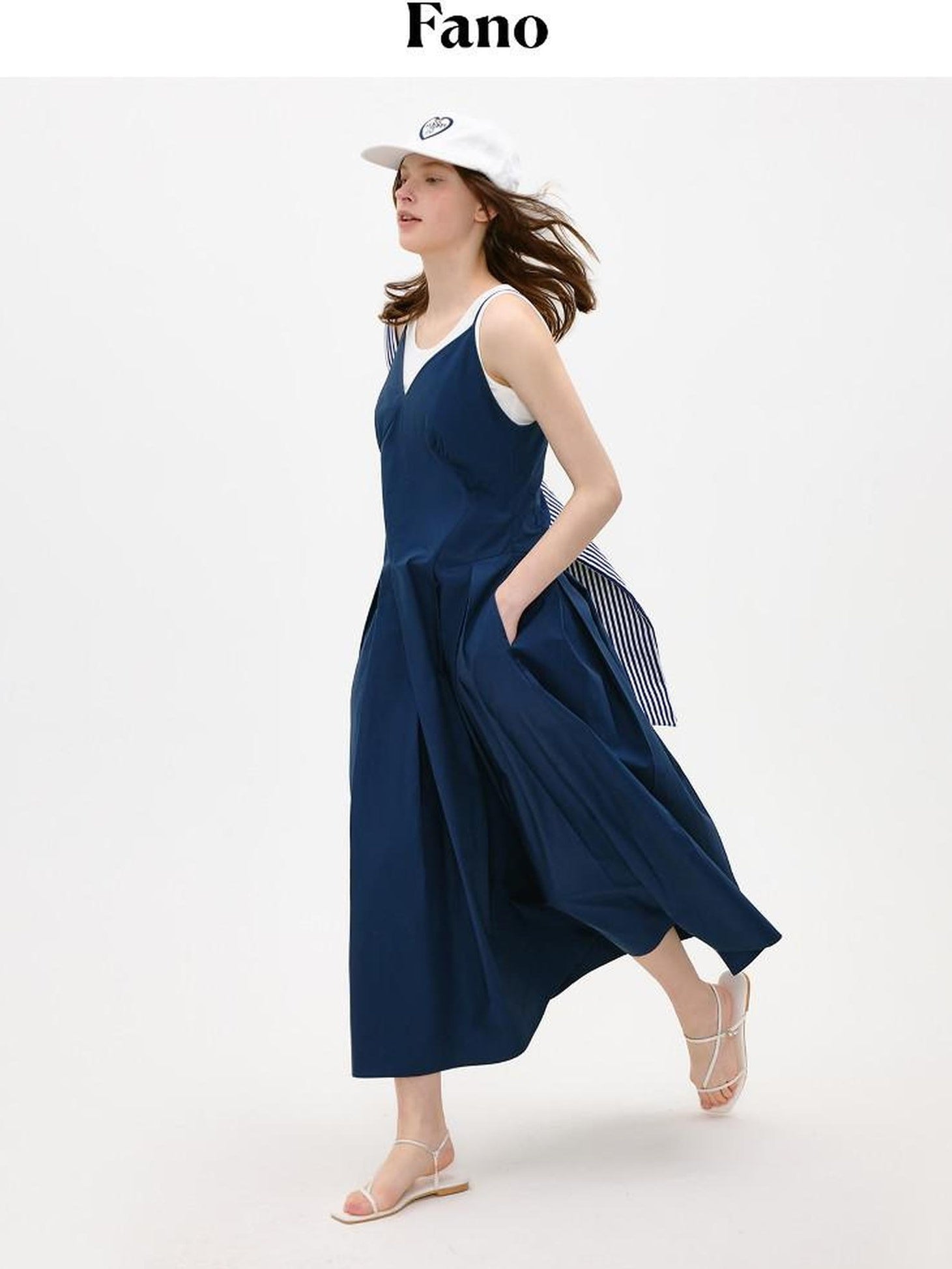 fano Cotton Spaghetti Strap A Line V-neck Office Antique Blue Maxi Dresses