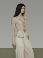 unspoken Embroidered Floral V-neck Slim Fit Bell Sleeve Casual Women Polyester Blouses