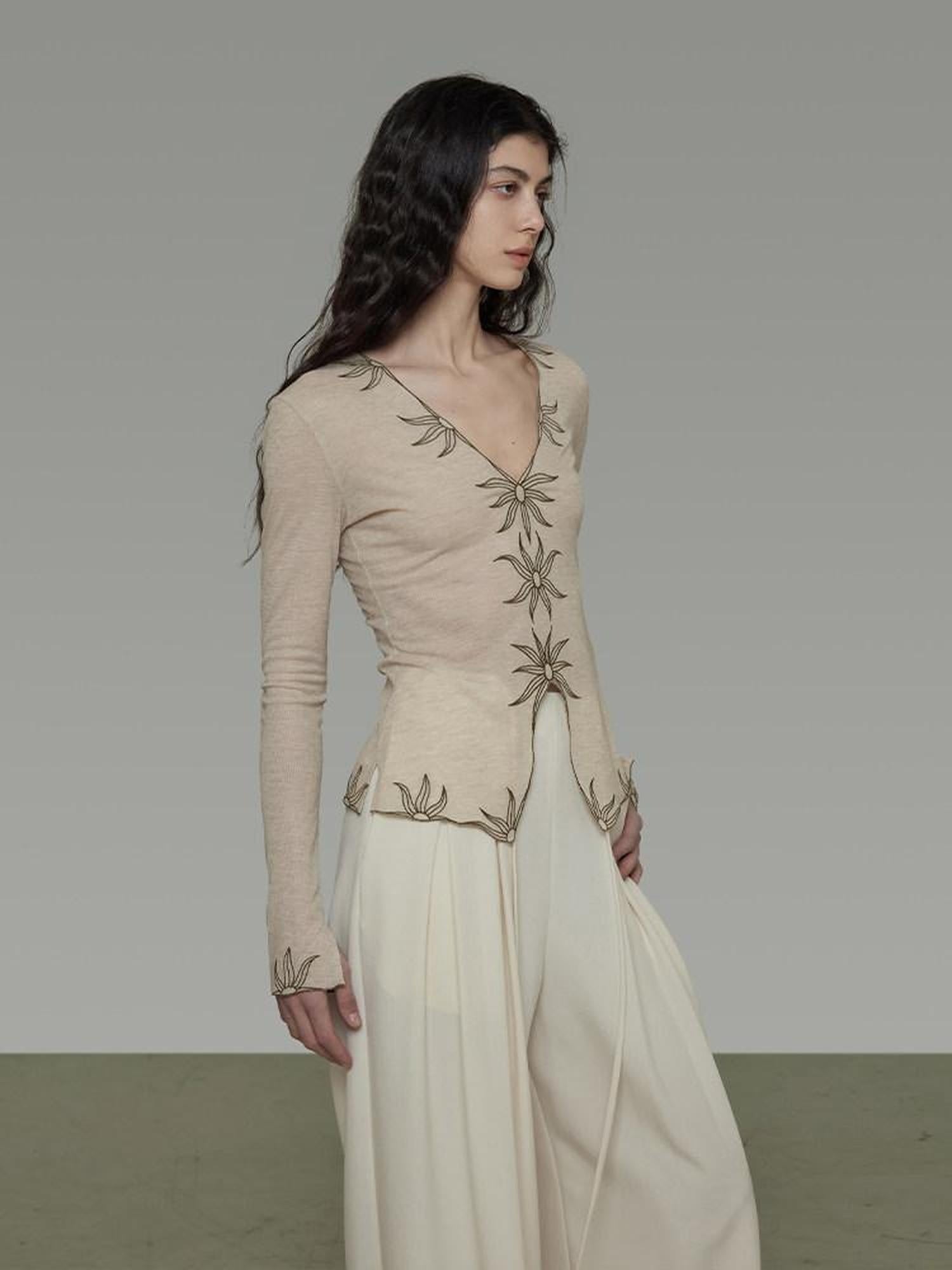 unspoken Embroidered Floral V-neck Slim Fit Bell Sleeve Casual Women Polyester Blouses