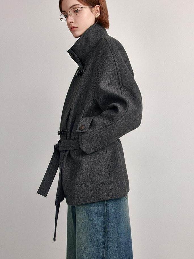 fano Minimal Commuter Straight Midlength Stand Collar Pocket Toggle Women Short Coat