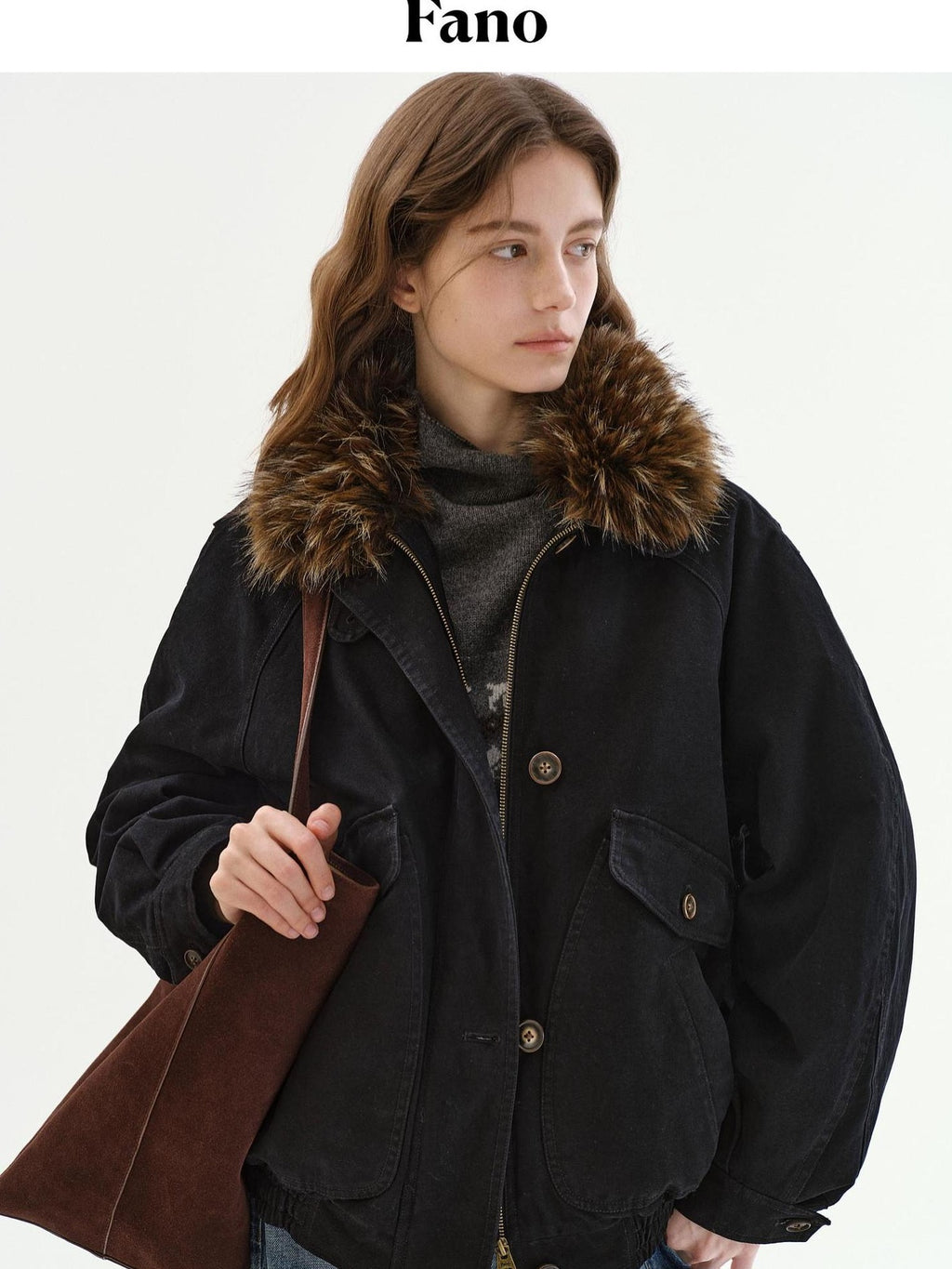 fano Warm 90% White Duck Down Fur Collar Loose High Waist Minimal Black Down Jackets