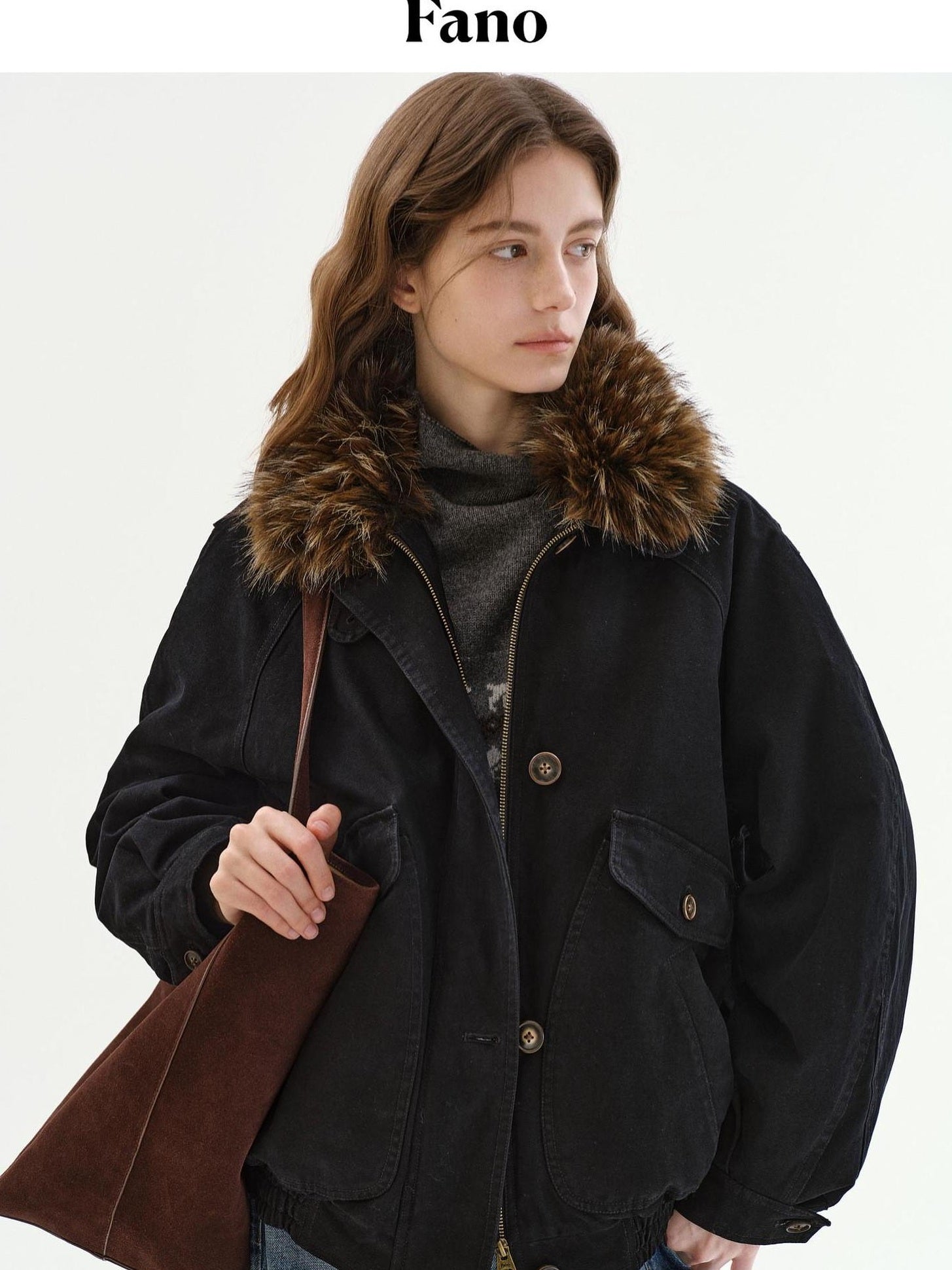 fano Warm 90% White Duck Down Fur Collar Loose High Waist Minimal Black Down Jackets