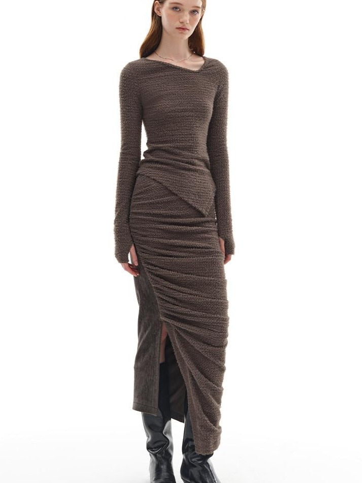 someone sometimes Slim Knit Minimal Casual Crewneck Long Sleeve Women Gray Top & Skirt Sets