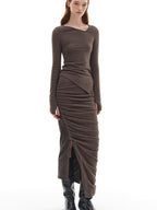 someone sometimes Slim Knit Minimal Casual Crewneck Long Sleeve Women Gray Top & Skirt Sets